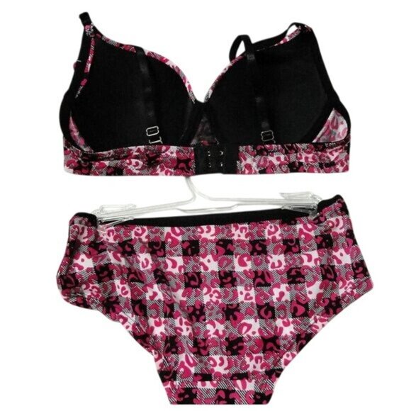 Inteco Intimates Size 34C 5 Small Bra Panty Set Pink Black Leopard Lingerie NEW - Picture 2 of 5